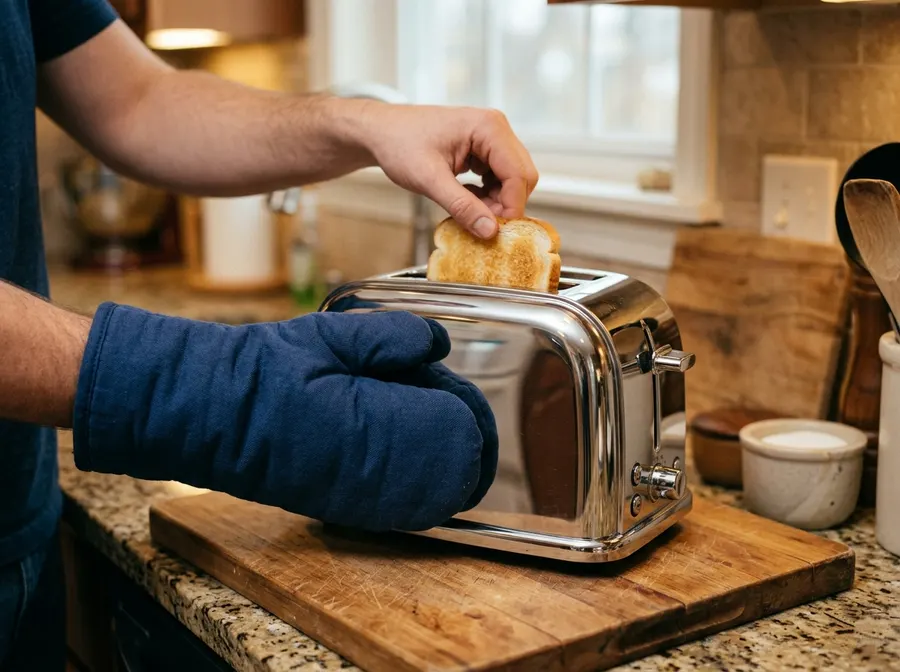 A chrome toaster being held with an oven mitt while a bare hand reaches in for toast