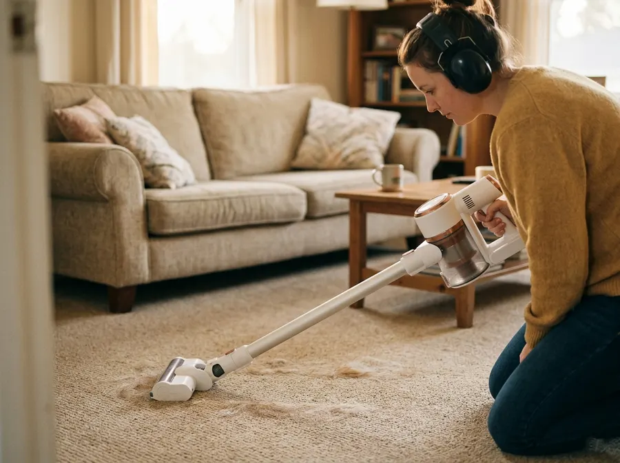 A person wearing large ear-protection headphones vacuuming a carpet